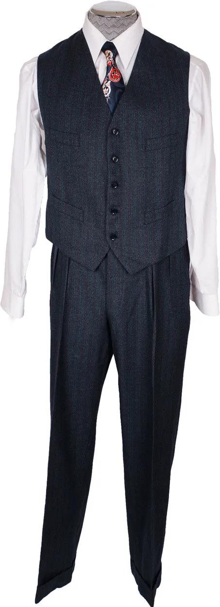 1950s Vintage 3-Piece Suit Hand Tailored Jacket Vest Pants Grey-Blue with Muted Stripe Wool