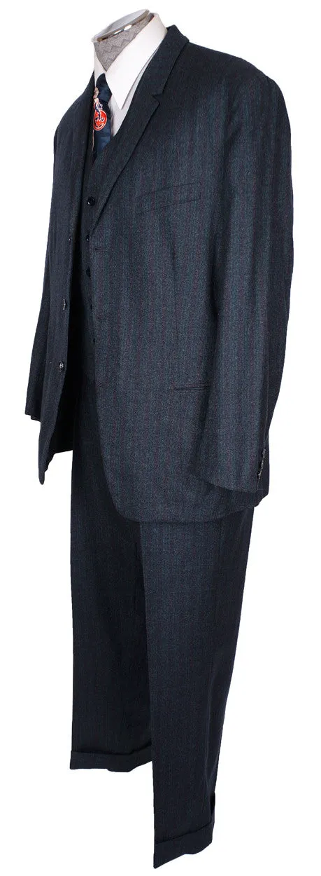 1950s Vintage 3-Piece Suit Hand Tailored Jacket Vest Pants Grey-Blue with Muted Stripe Wool