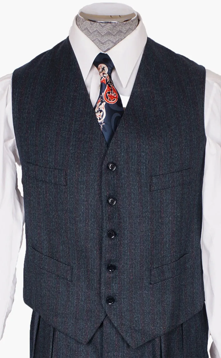 1950s Vintage 3-Piece Suit Hand Tailored Jacket Vest Pants Grey-Blue with Muted Stripe Wool