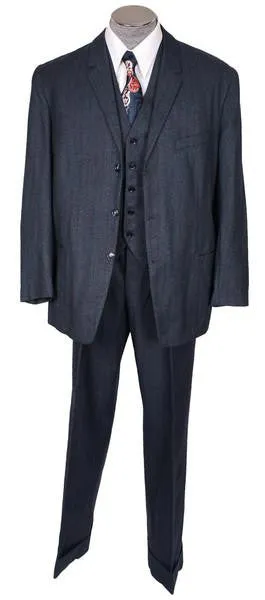 1950s Vintage 3-Piece Suit Hand Tailored Jacket Vest Pants Grey-Blue with Muted Stripe Wool