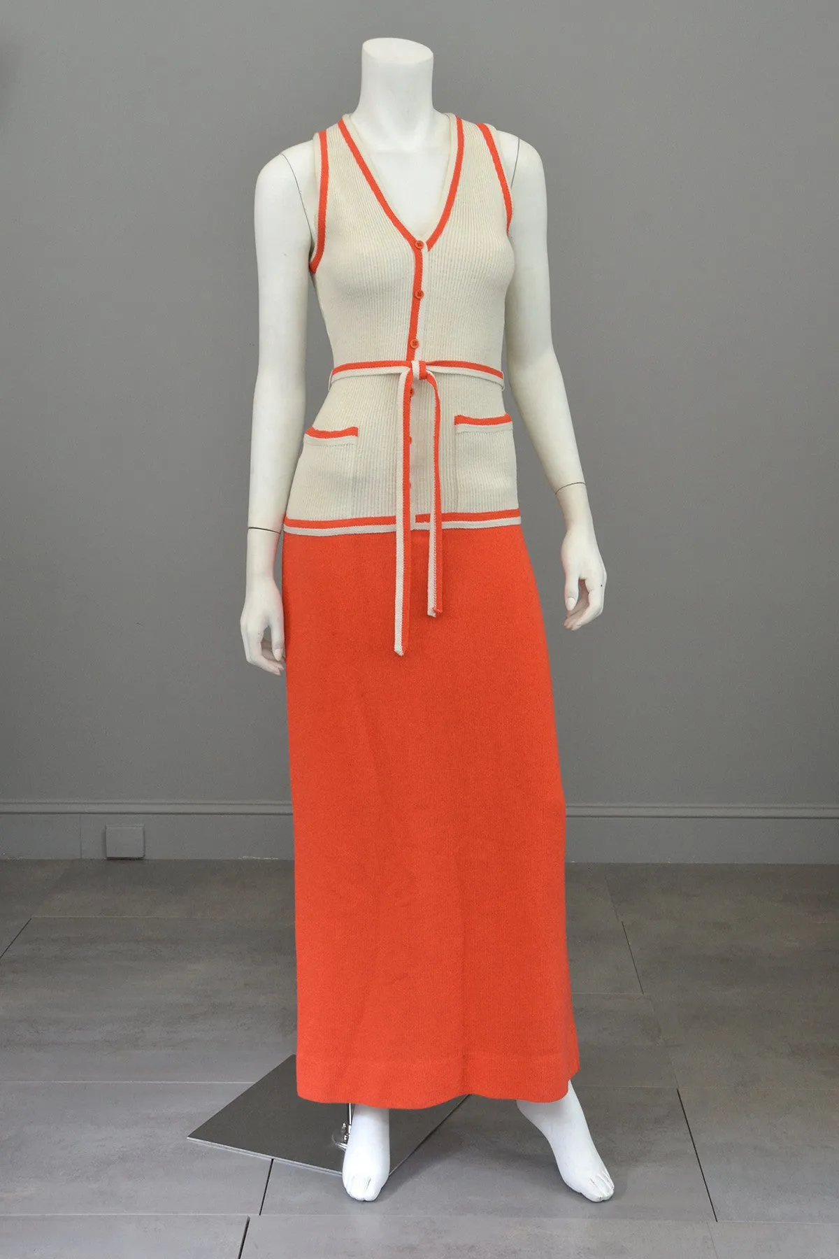 1970s Orange and Off-White Color Block ModKnit Maxi Dress