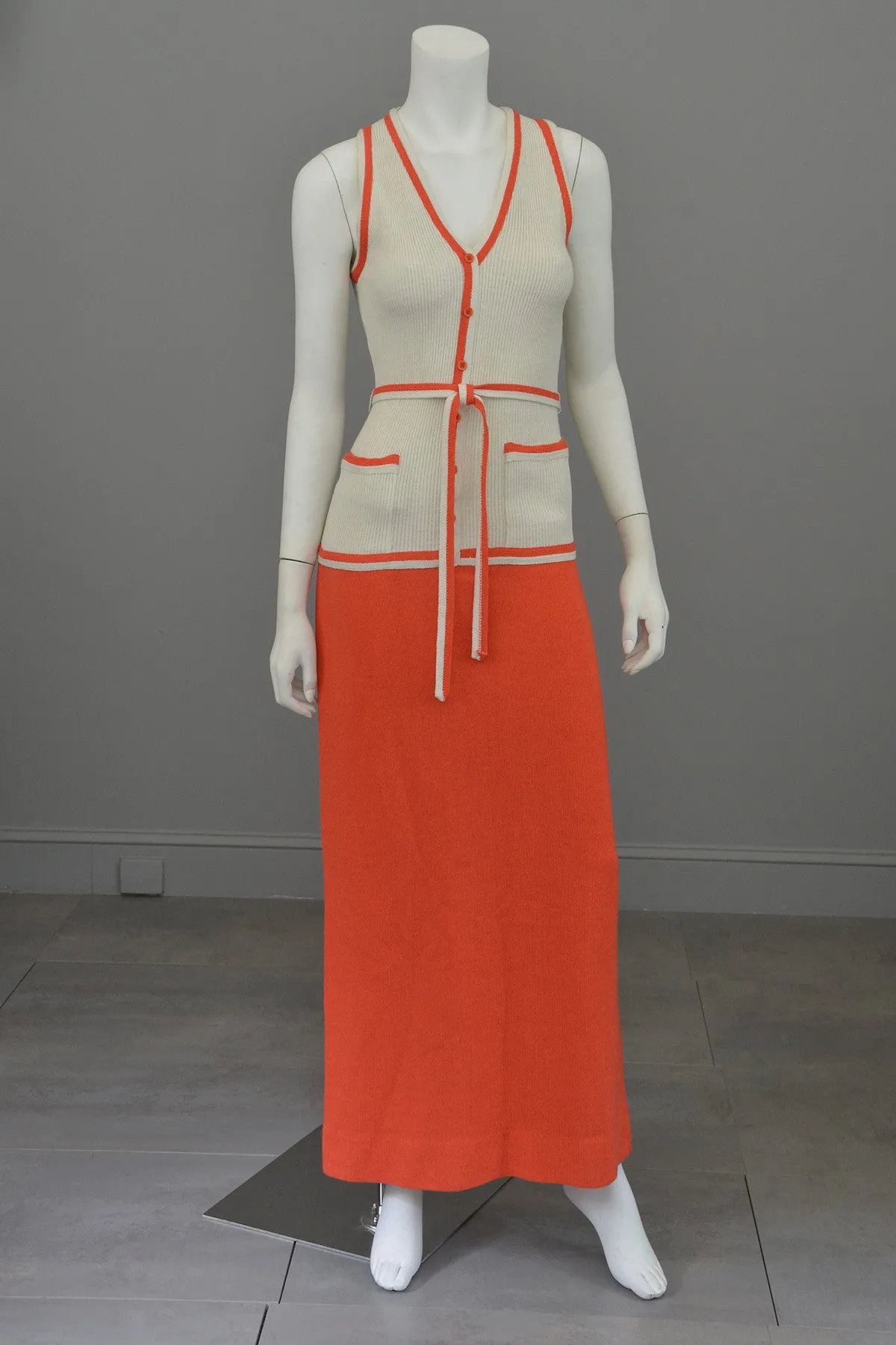 1970s Orange and Off-White Color Block ModKnit Maxi Dress