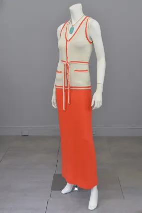 1970s Orange and Off-White Color Block ModKnit Maxi Dress