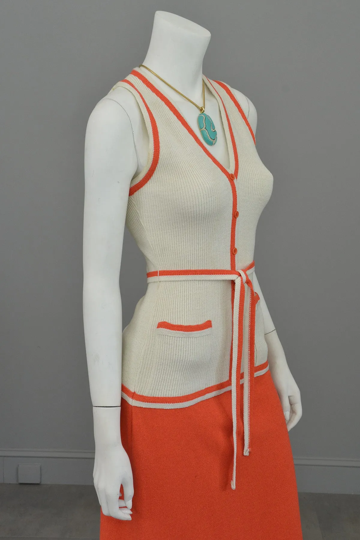 1970s Orange and Off-White Color Block ModKnit Maxi Dress