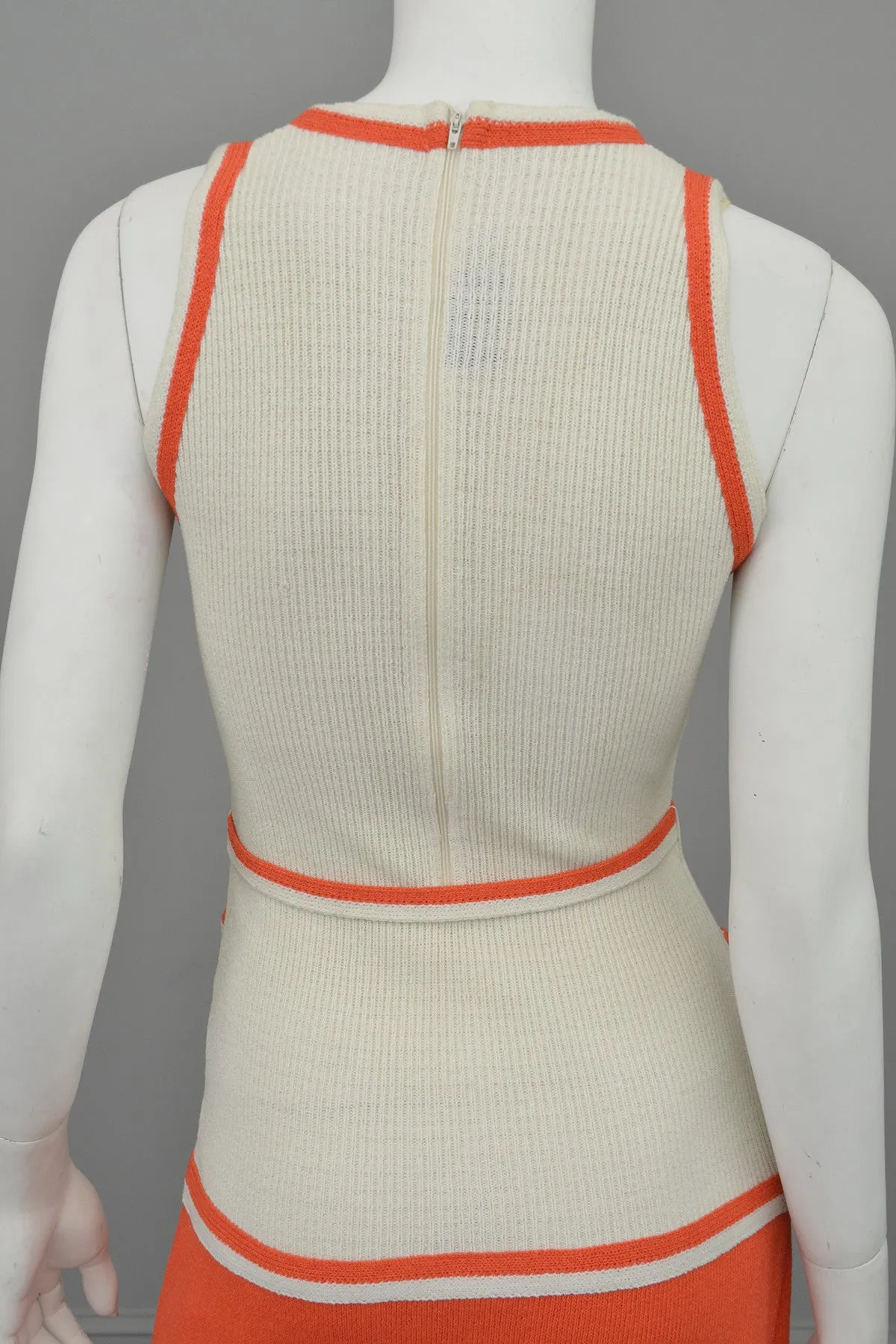 1970s Orange and Off-White Color Block ModKnit Maxi Dress