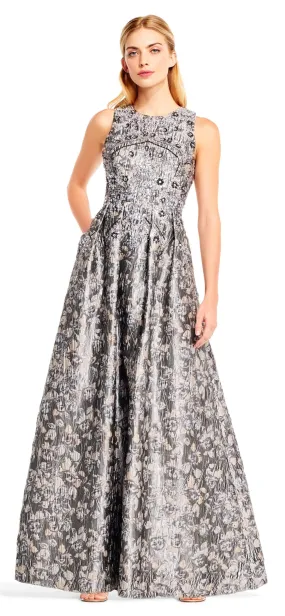 Aidan Mattox - Bedazzled Jewel Brocade Pleated Evening Gown MD1E201399 - 1 pc Silver Grey in Size 0 Available