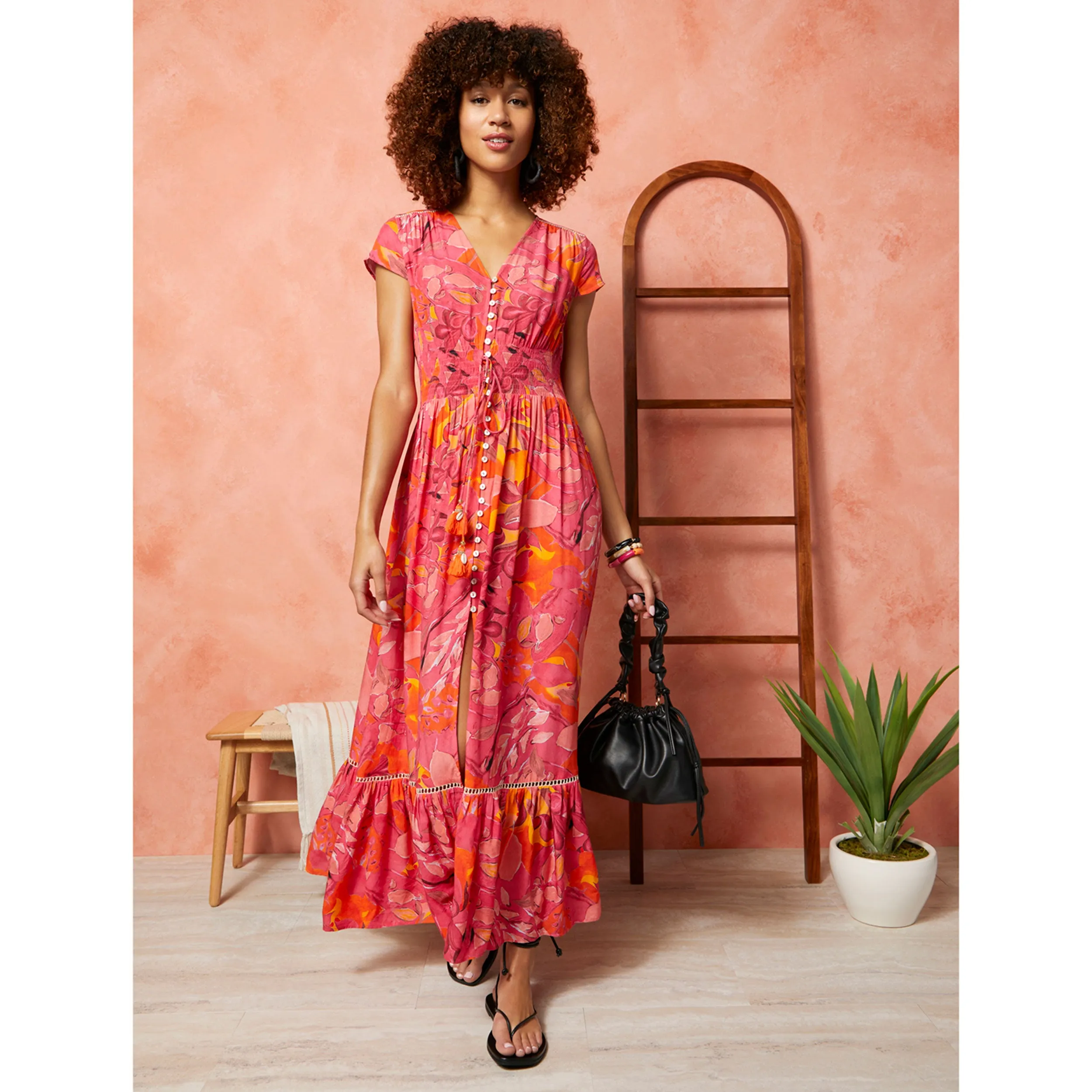 Aliya Button Front Maxi Dress - Pink/Orange