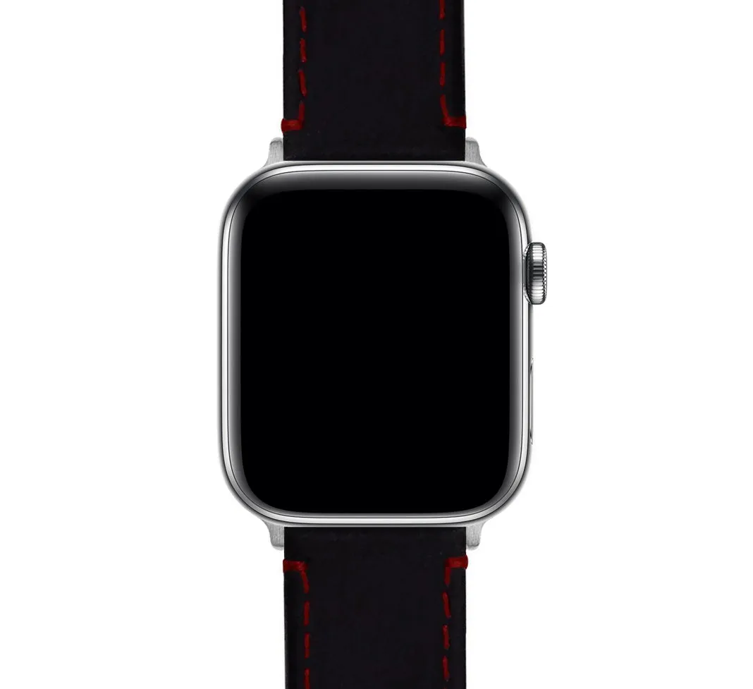 Apple Watch Black Leather Crimson Red Stitching Watch Band