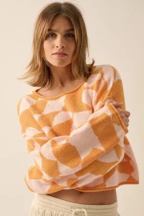 Apricot Pink Abstract Boat-Neck Colorblock Cropped Sweater