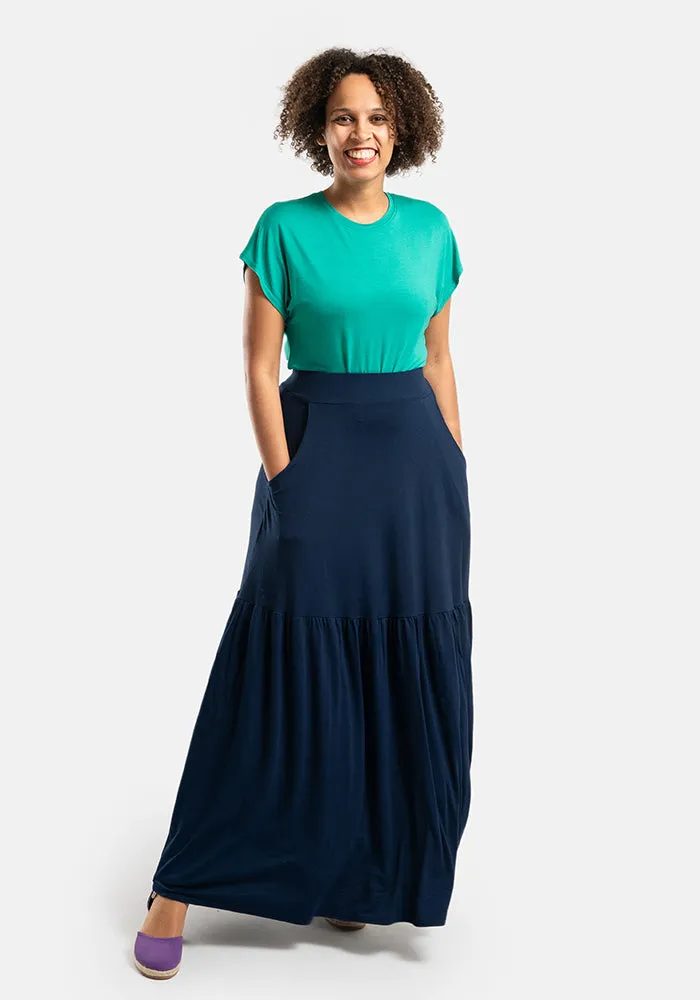 Asa Navy Tiered Hem Maxi Skirt