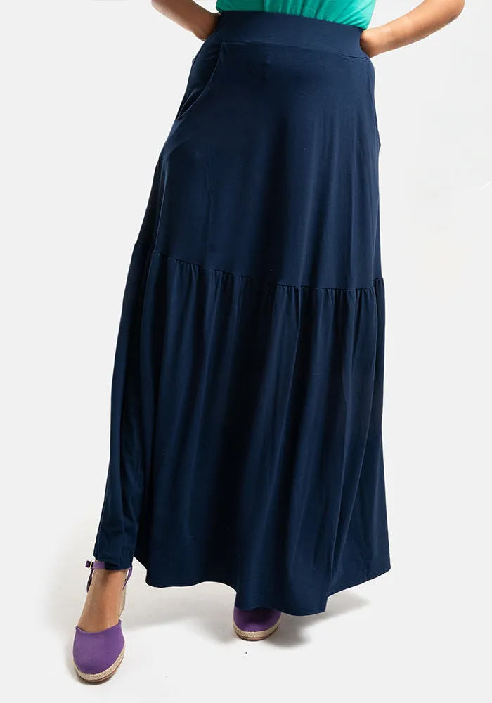 Asa Navy Tiered Hem Maxi Skirt