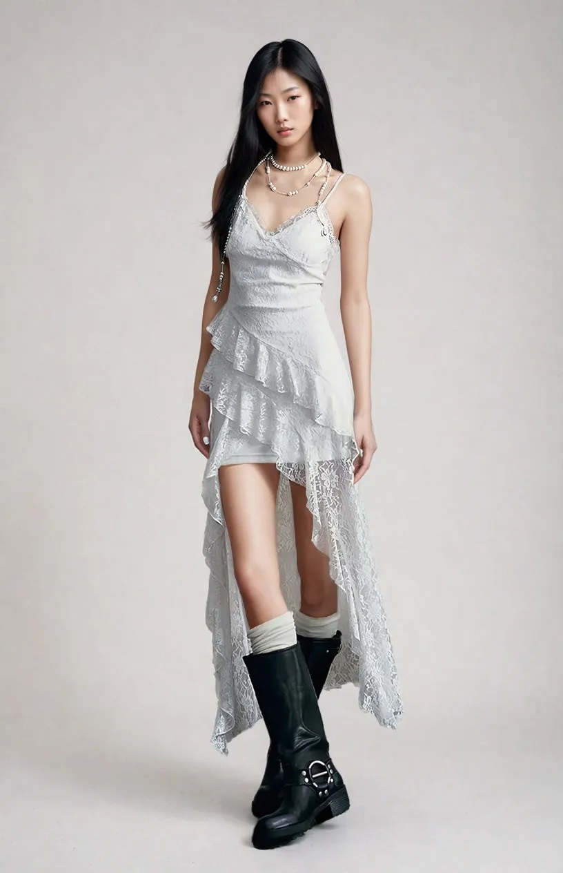 Asymmetric Lace Overlay Spaghetti Strap Dress