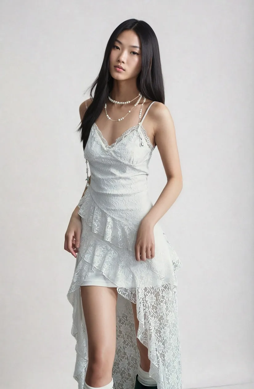 Asymmetric Lace Overlay Spaghetti Strap Dress