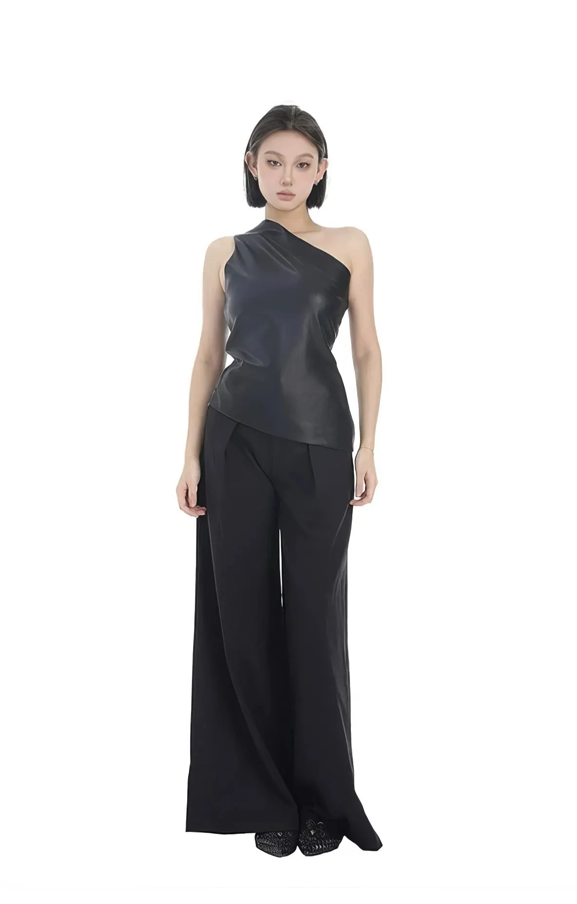 Asymmetric One-Shoulder Faux Leather Sleeveless Top