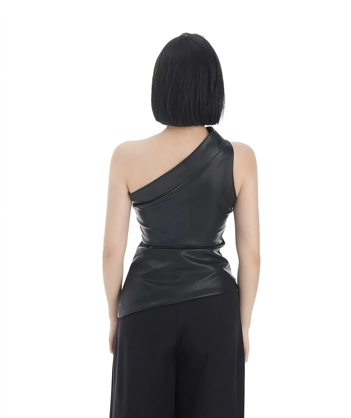 Asymmetric One-Shoulder Faux Leather Sleeveless Top