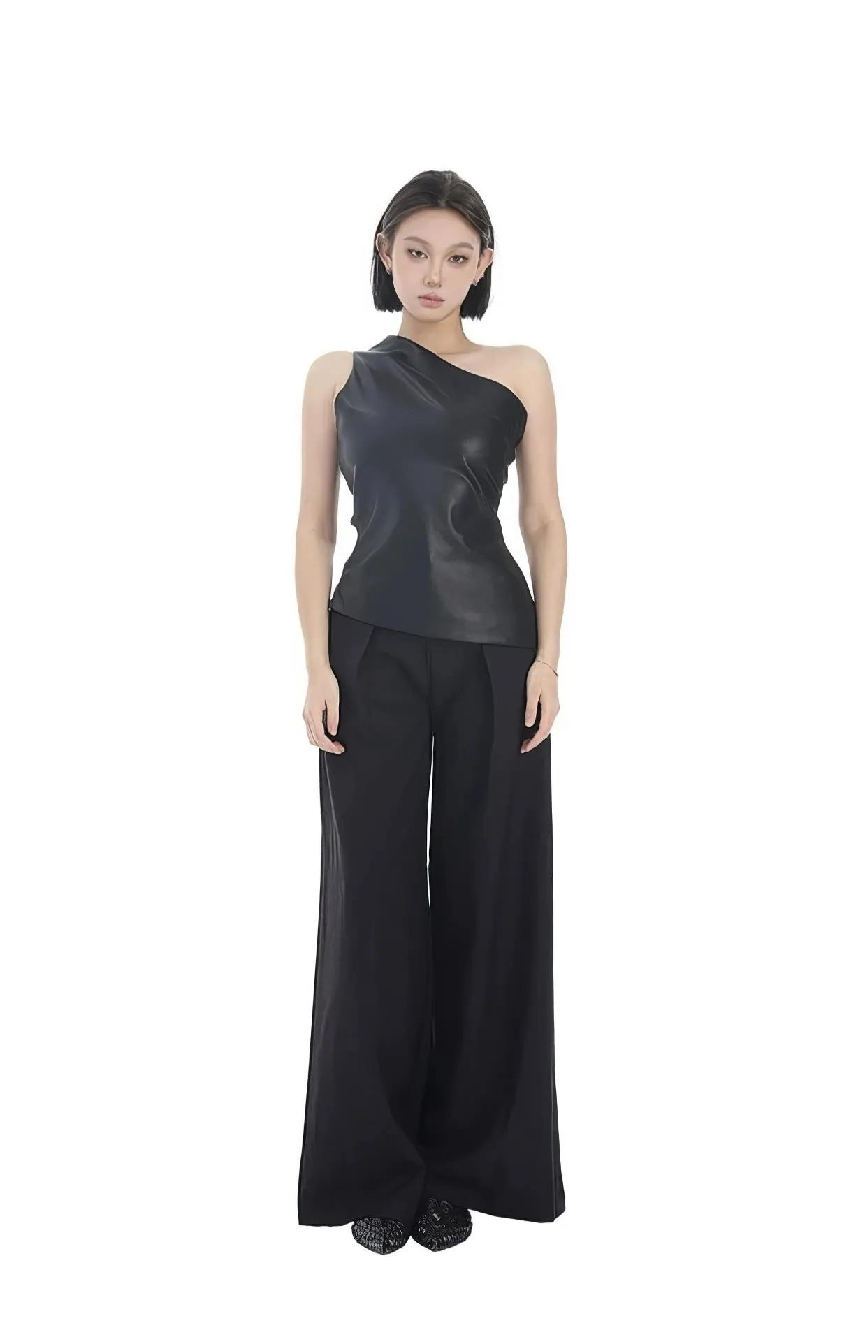 Asymmetric One-Shoulder Faux Leather Sleeveless Top