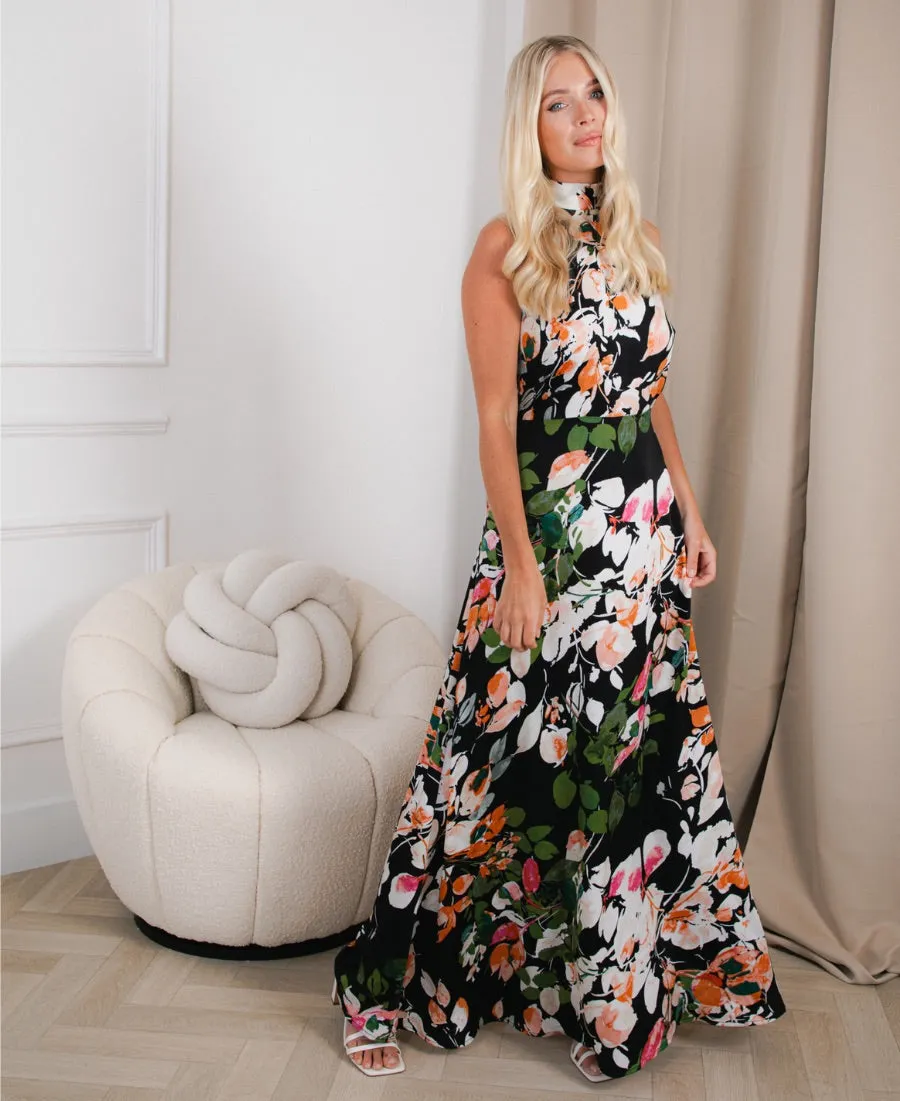 Black Watercolour Floral Halter Neck Maxi Dress