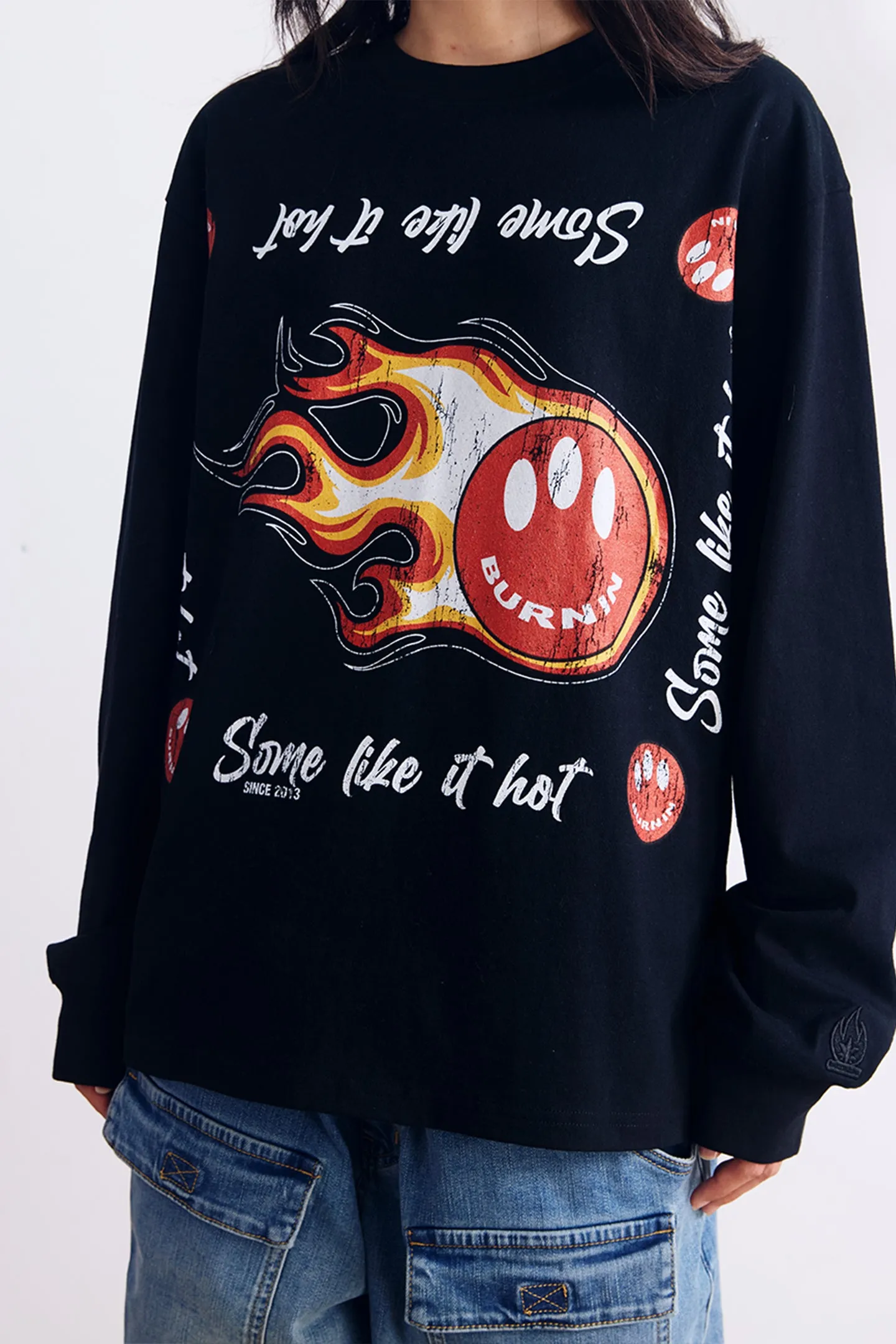 BURNIN*97'Series Flame Three-Eyed Smiley Face Distressed Long Sleeve T-shirt