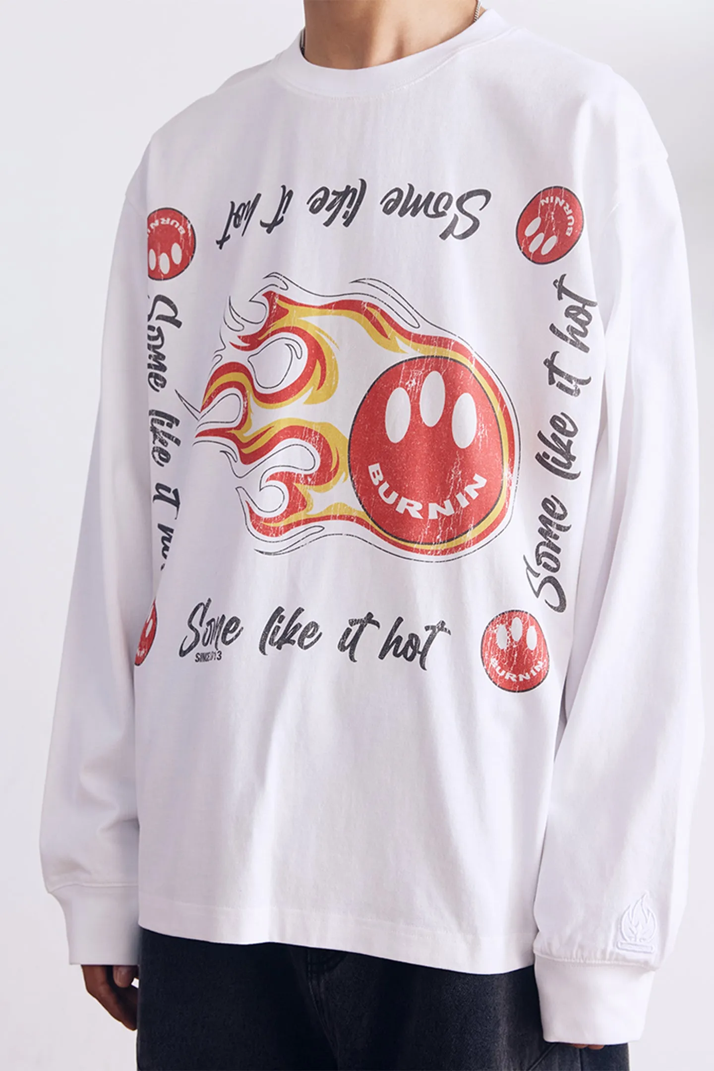 BURNIN*97'Series Flame Three-Eyed Smiley Face Distressed Long Sleeve T-shirt