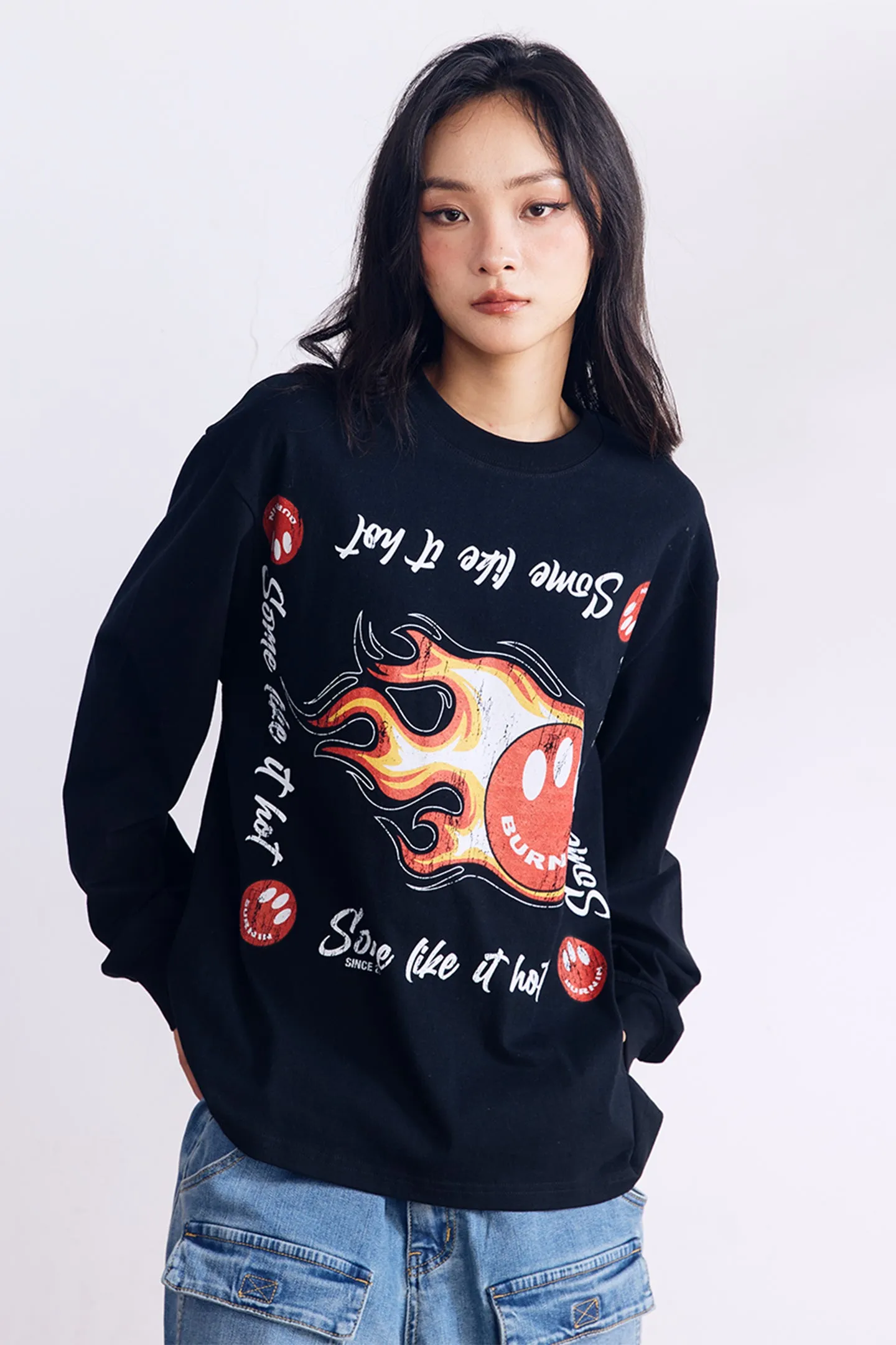 BURNIN*97'Series Flame Three-Eyed Smiley Face Distressed Long Sleeve T-shirt