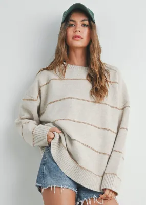 Carlyle Striped Drop-Shoulder Sweater - Taupe Multi