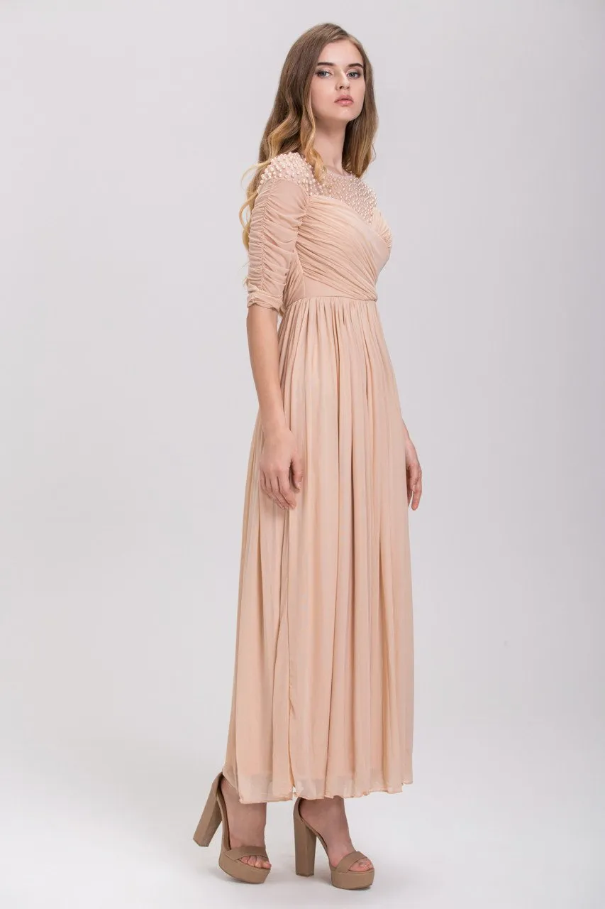 Champagne Pearl Evening Maxi Dress