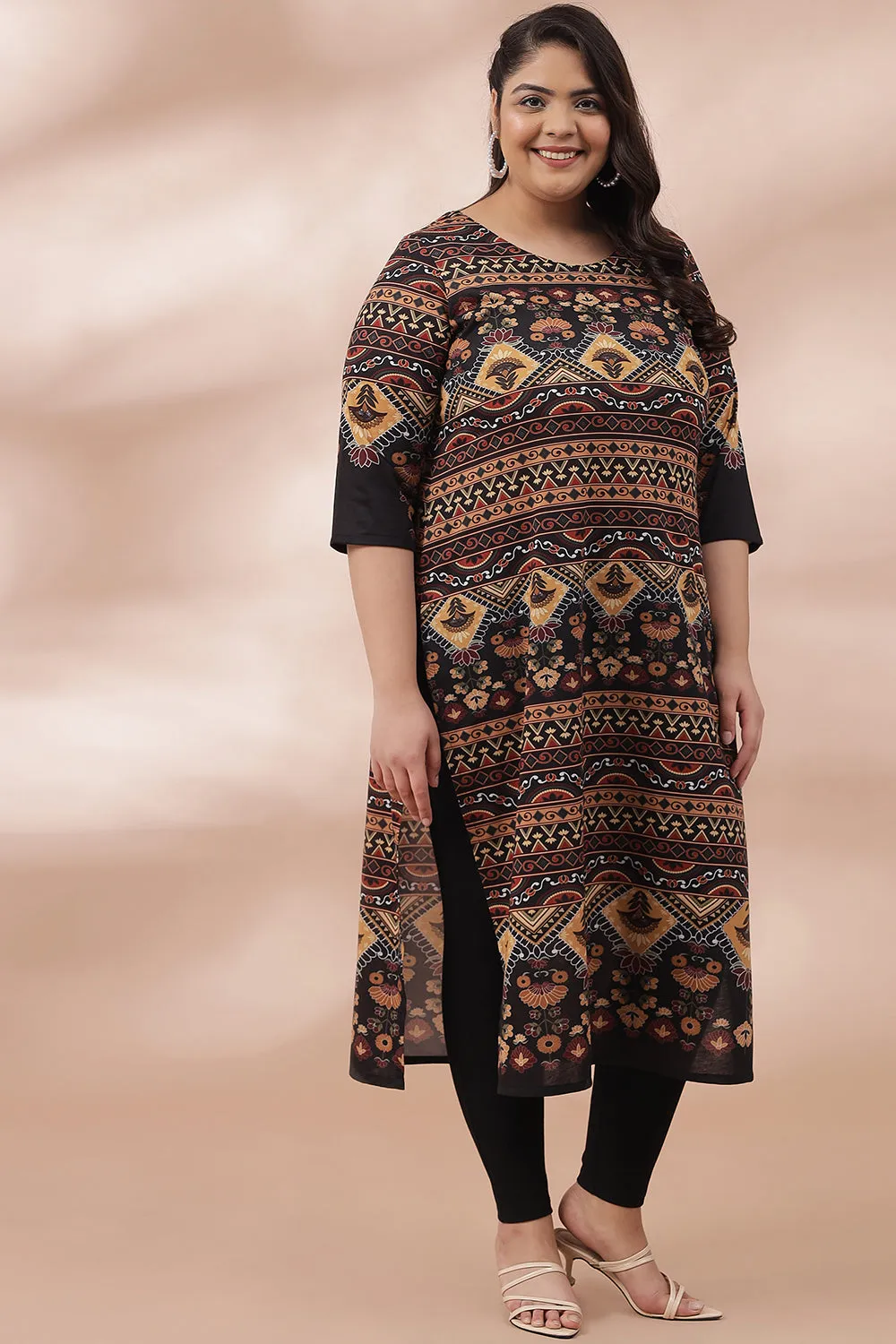 Earthen Ethnic Orntae Printed Kurti