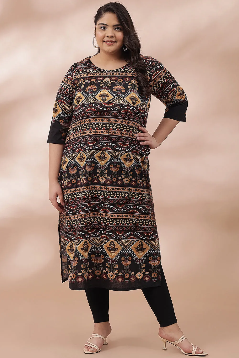 Earthen Ethnic Orntae Printed Kurti