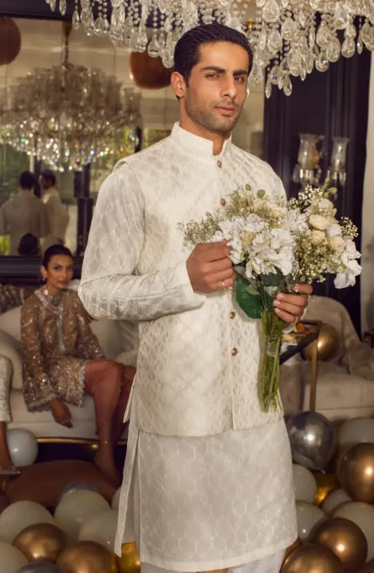 Embroidered Waistcoat with a Self-printed Kurta and Pajama