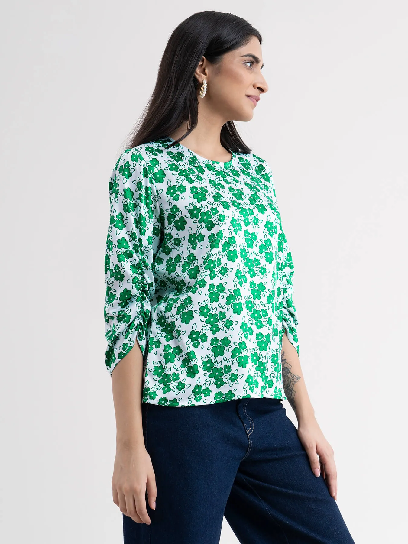 Floral Ruched Sleeve Top - Green