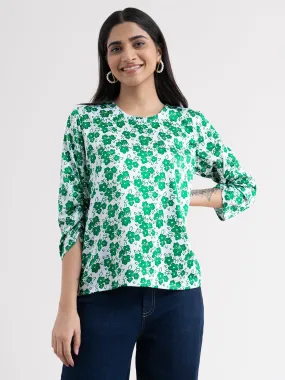 Floral Ruched Sleeve Top - Green