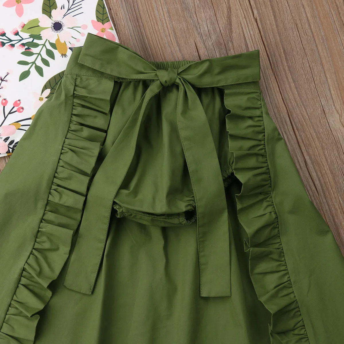 Floral Top with Olive Green Shorts & Ruffled Maxi Skirt Set