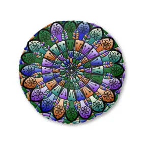 Hand Drawn Mandala Art Design on Tufted Floor Pillow - Beautiful Colors on Dark Blue Background