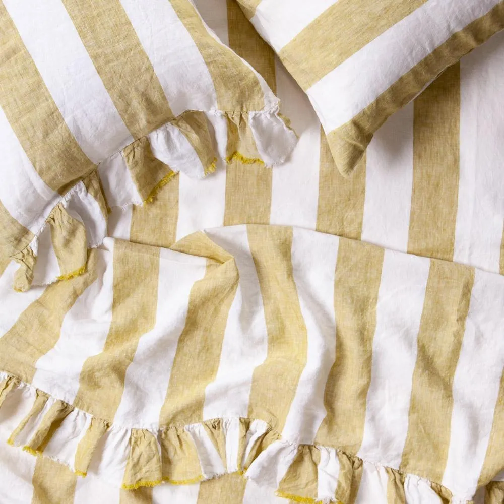 Kelp Stripe 100% Linen Ruffle Pillowcase Set