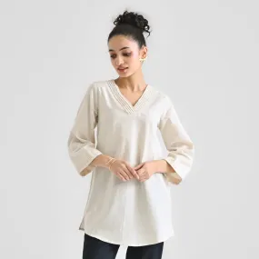 Off White Linen Cotton Tunic with Pintuck V Neckline & Sleeve Detail