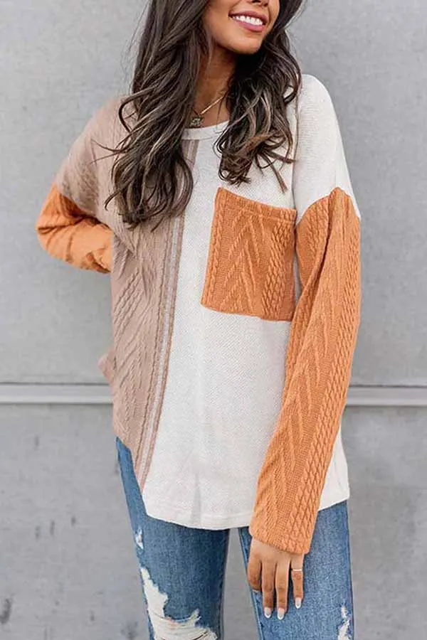 Orange Long Sleeve Colorblock Chest Pocket Textured Knit Top