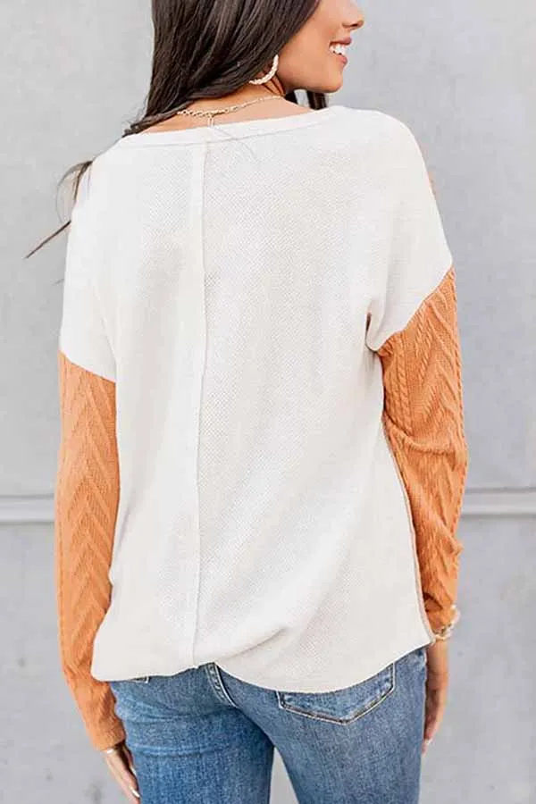 Orange Long Sleeve Colorblock Chest Pocket Textured Knit Top