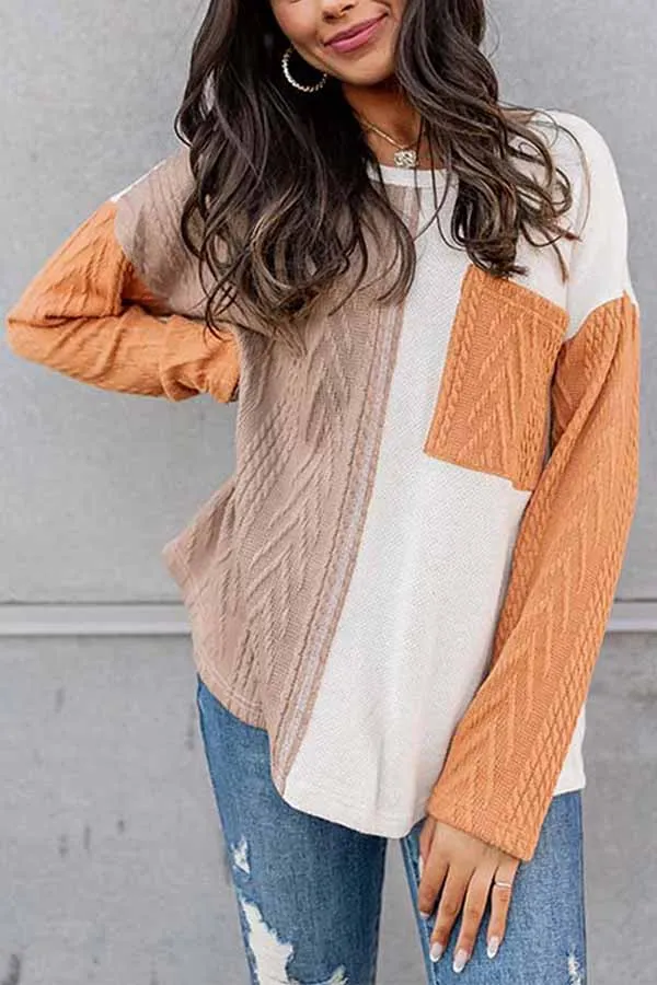 Orange Long Sleeve Colorblock Chest Pocket Textured Knit Top