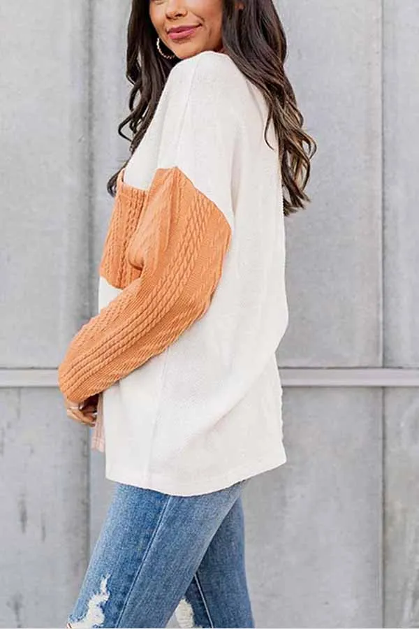 Orange Long Sleeve Colorblock Chest Pocket Textured Knit Top