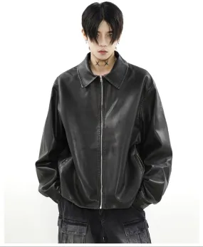 Oversized Faux Leather Collared Zip-Through Jacket