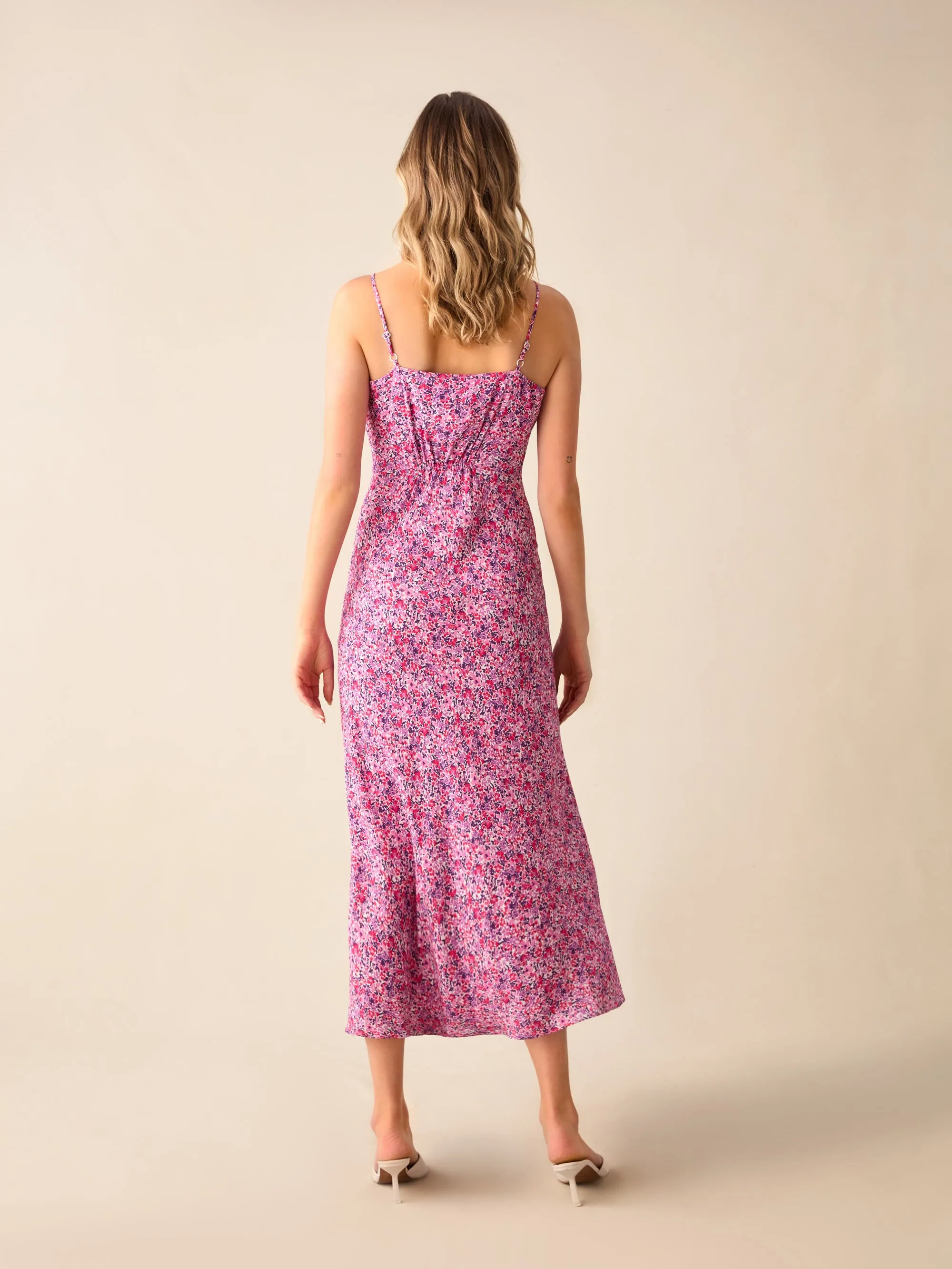 Pink Ditsy Print Keyhole Front Midi Dress