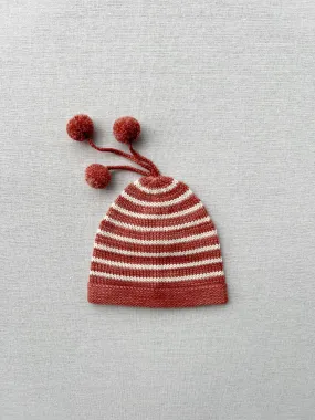 pompom striped beanie in mahogany and cream