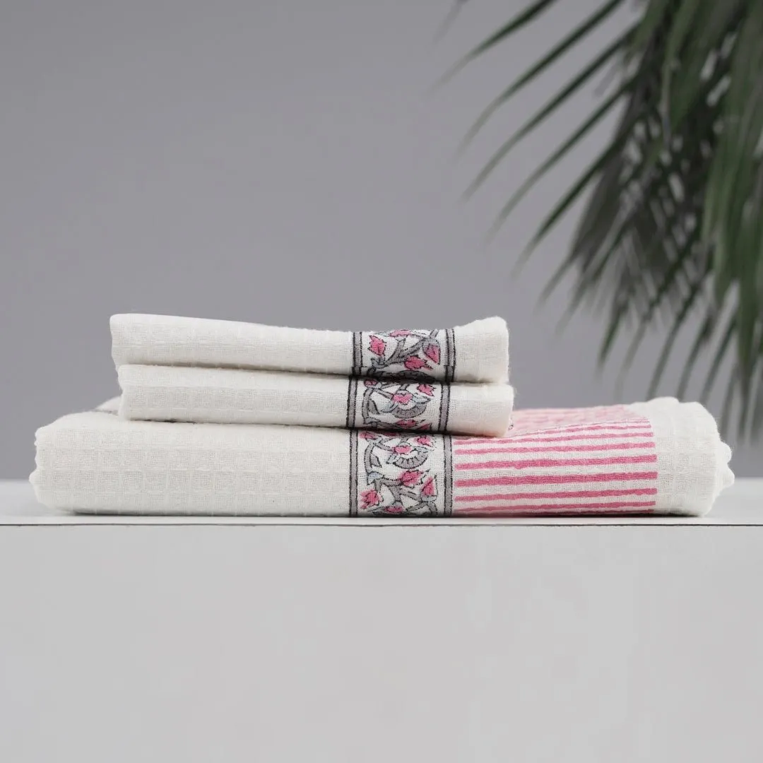 Pure Cotton Hand and Bath Towel Set | Block Printed in Petal Pattern | Super Absorbent, Soft & Faster Drying | 300 GSM | Handmade In India