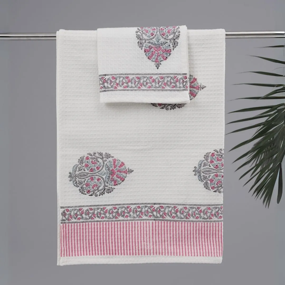 Pure Cotton Hand and Bath Towel Set | Block Printed in Petal Pattern | Super Absorbent, Soft & Faster Drying | 300 GSM | Handmade In India