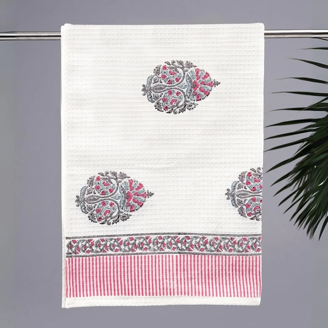 Pure Cotton Hand and Bath Towel Set | Block Printed in Petal Pattern | Super Absorbent, Soft & Faster Drying | 300 GSM | Handmade In India