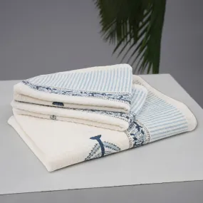 Pure Cotton Hand and Bath Towel Set | Block Printed in White & Blue Pattern | Super Absorbent, Soft & Faster Drying | 300 GSM | Handmade In India