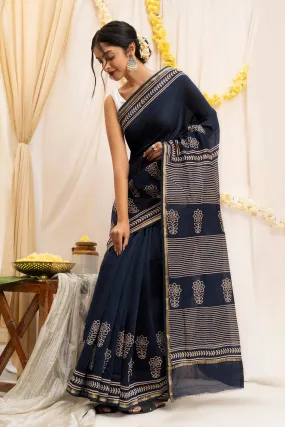 Teejh Dhalti Sham Navy Blue Block Print Chanderi Silk Saree