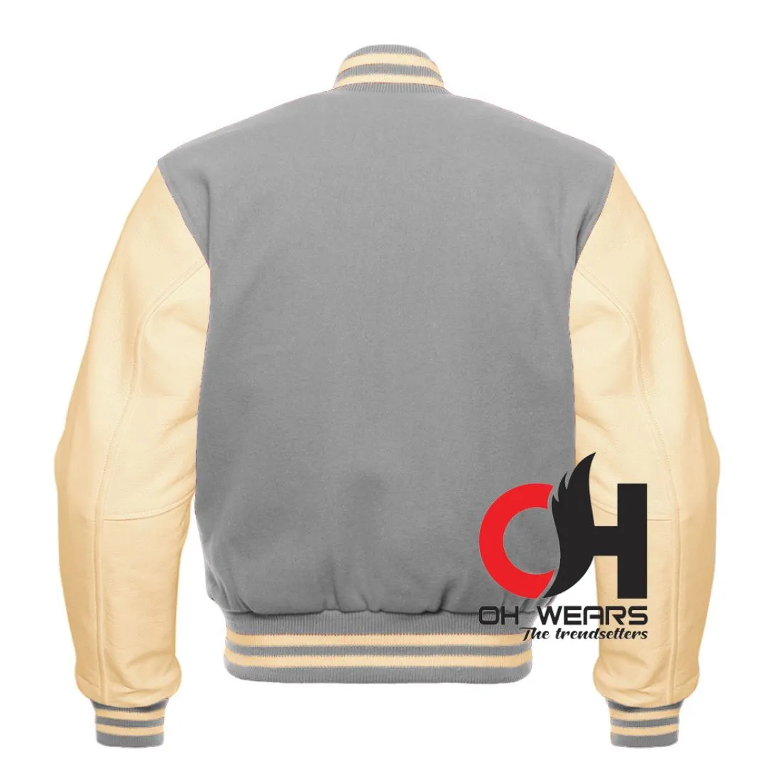 Varsity Bomber in Grey Wool and Genuine Cream Leather Sleeves Jacket, Custom Baseball Bomber Men’s, Women and Kids Jacket