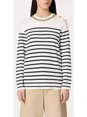 Women’s Bead Link Embroidered Collar Striped Knit Sweater