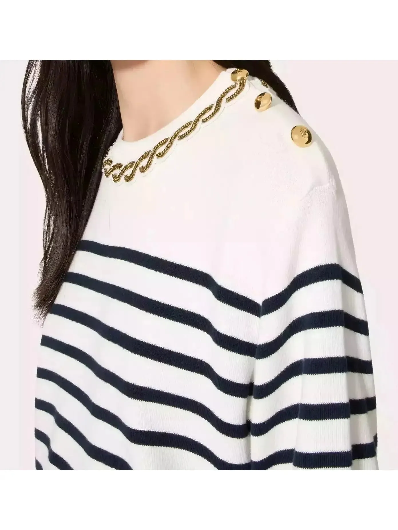 Women’s Bead Link Embroidered Collar Striped Knit Sweater